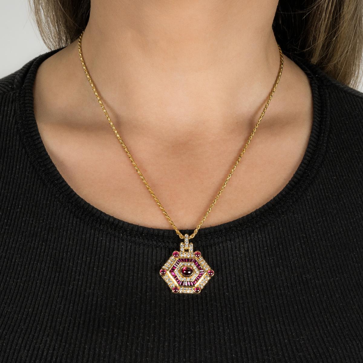 Women's Yellow Gold Ruby & Diamond Pendant For Sale