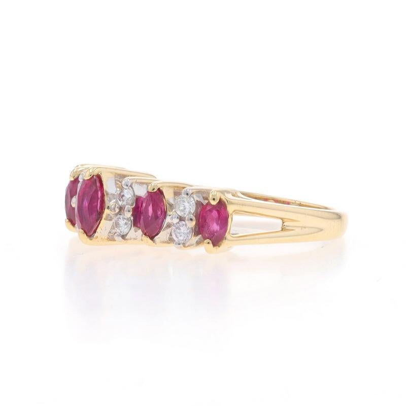 Marquise Cut Yellow Gold Ruby Diamond Ring - 14k Marquise .79ctw Five-Stone For Sale