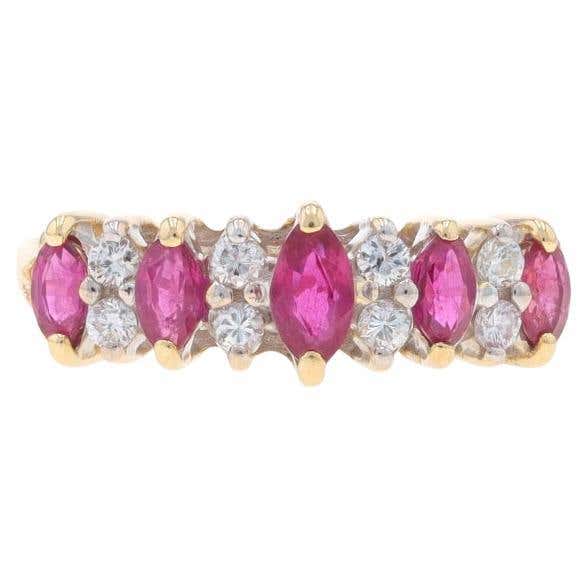 Marquise Ruby and Diamond Border Triple Row Ring in 14k Yellow Gold For ...