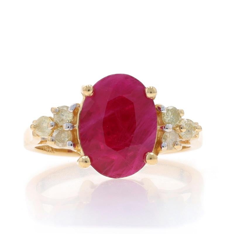 Size: 7
Sizing Fee: Up 2 sizes for $35 or Down 1 1/2 sizes for $35

Metal Content: 14k Yellow Gold

Stone Information

Natural Ruby
Treatment: Heating
Carat(s): 2.39ct
Cut: Oval
Color: Opaque Pinkish Red

Natural Diamonds
Carat(s): .27ctw
Cut: Round