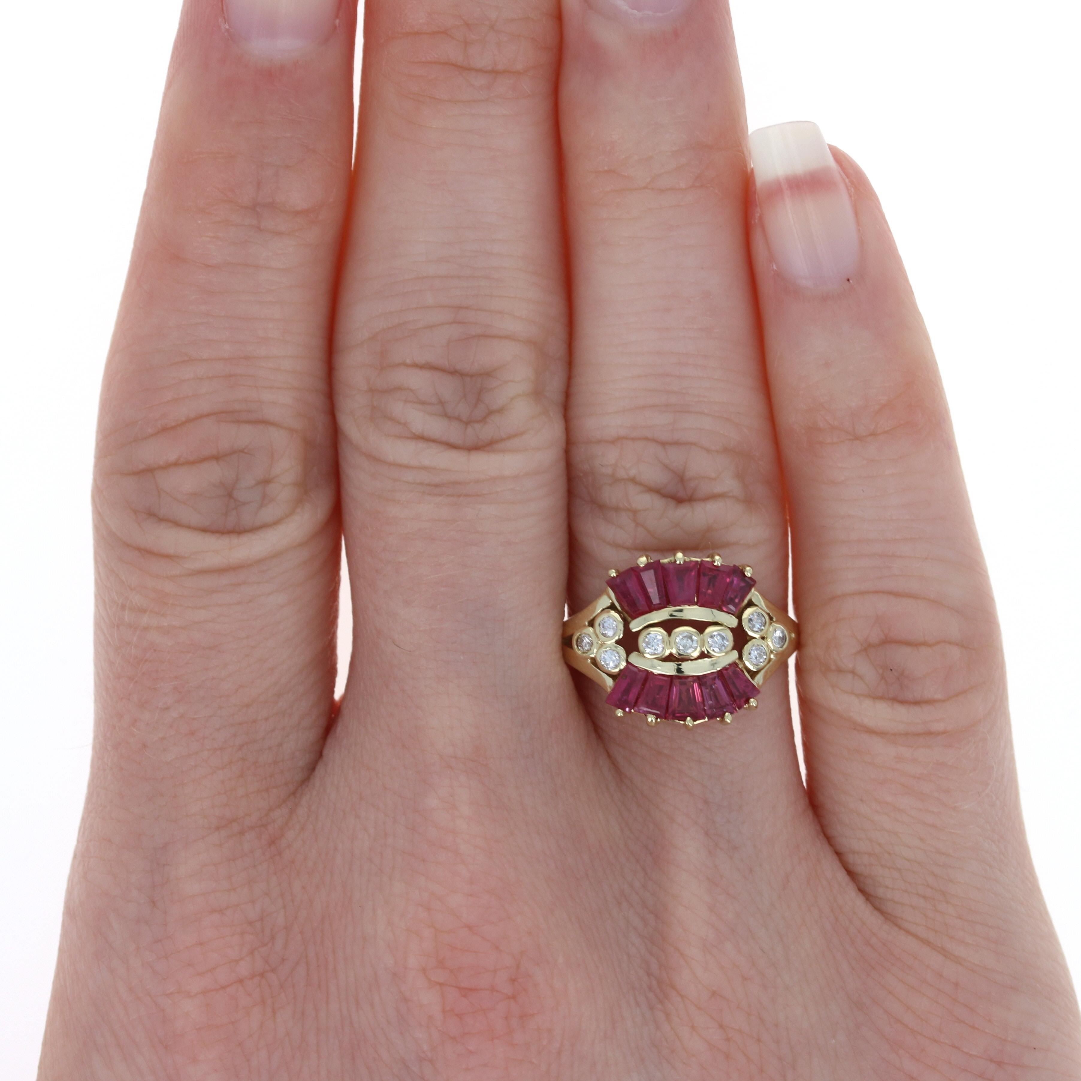 Uncut Yellow Gold Ruby & Diamond Ring - 14k Tapered Baguette Cut 2.14ctw Contoured