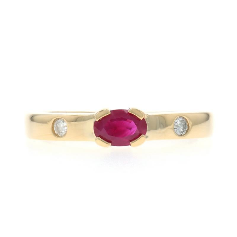 Size: 7 1/4
Sizing Fee: Up 2 sizes for $60 or Down 1 size for $40

Metal Content: 18k Yellow Gold

Stone Information

Natural Ruby
Treatment: Heating
Carat(s): .60ct
Cut: Oval

Natural Diamonds
Carat(s): .10ctw
Cut: Round Brilliant
Color: H -