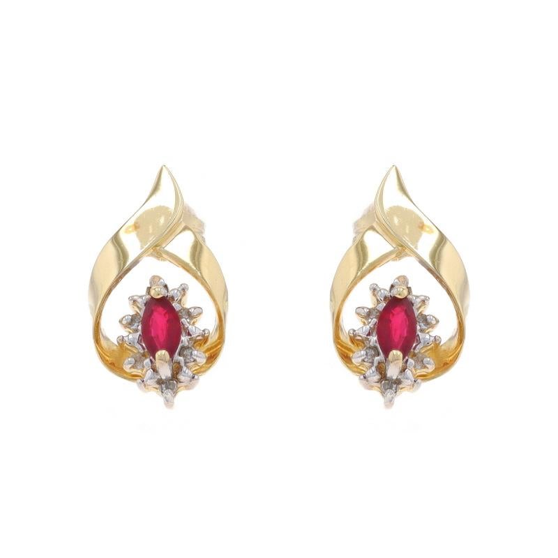 Metal Content: 10k Yellow Gold & 10k White Gold

Stone Information

Natural Rubies
Carat(s): .20ctw
Cut: Marquise
Color: Red

Natural Diamonds
Carat(s): .06ctw
Cut: Single
Color: J - K
Clarity: VS2 - SI1

Total Carats: .26ctw

Style: Short