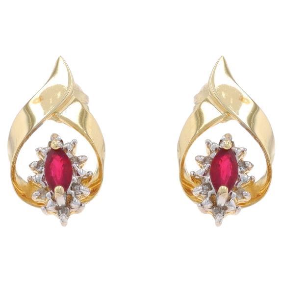 Yellow Gold Ruby Diamond Short Drop Earrings -10k Marquise .26ctw Ribbon Pierced