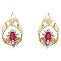 Yellow Gold Ruby Diamond Short Drop Earrings -10k Marquise .26ctw Ribbon Pierced