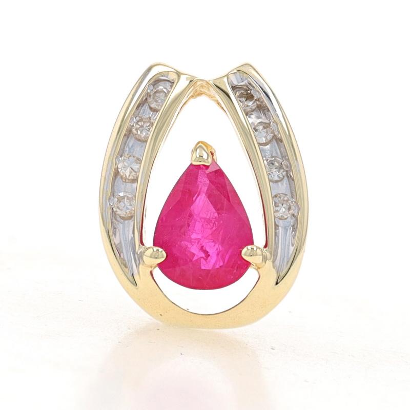 Metal Content: 14k Yellow Gold & 14k White Gold

Stone Information
Natural Ruby
Treatment: Heating
Carat(s): .75ct
Cut: Pear
Color: Pinkish Red

Natural Diamonds
Carat(s): .08ctw
Cut: Single
Color: H - I
Clarity: VS1 - VS2

Total Carats: