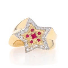 Yellow Gold Ruby Diamond Star Cluster Halo Bypass Ring 14k Rd .34ctw Celestial