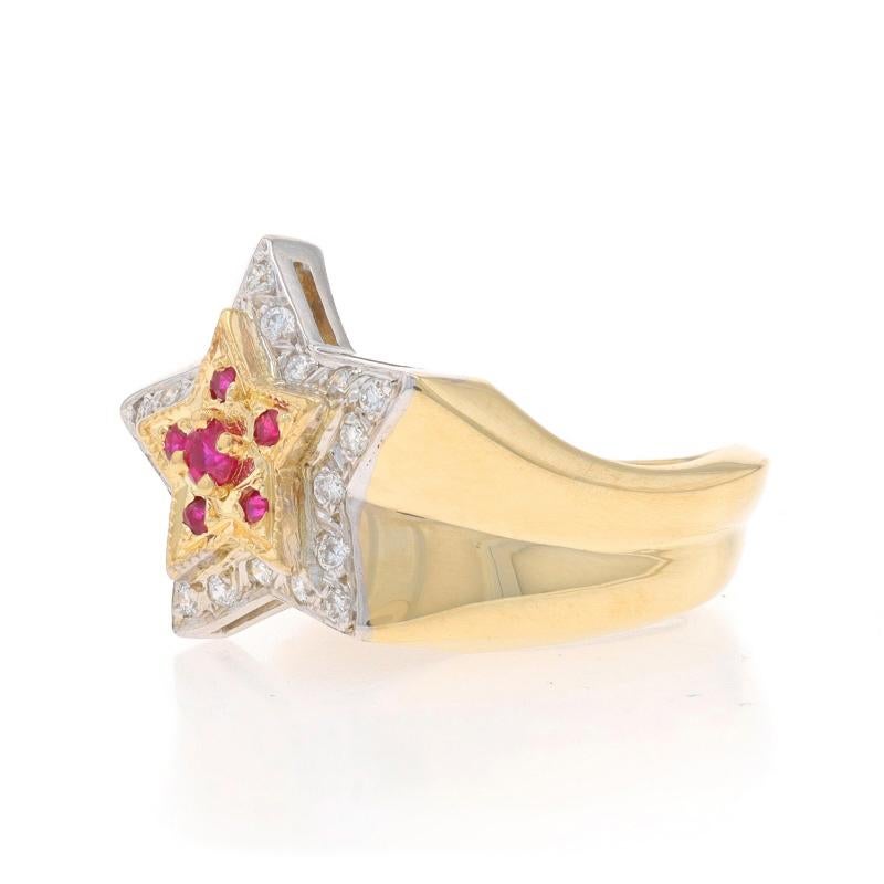 Yellow Gold Ruby Diamond Star Cluster Halo Bypass Ring 14k Rd .34ctw Celestial In Excellent Condition For Sale In Greensboro, NC