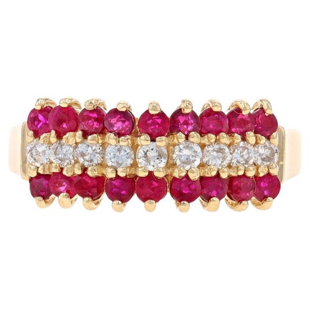 Yellow Gold Ruby & Diamond Stripe Ring - 14k Round 1.17ctw Tiered Cluster