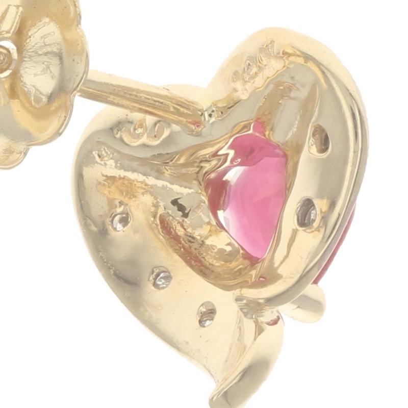 Women's Yellow Gold Ruby & Diamond Stud Earrings - 14k Heart .75ctw Love Pierced For Sale
