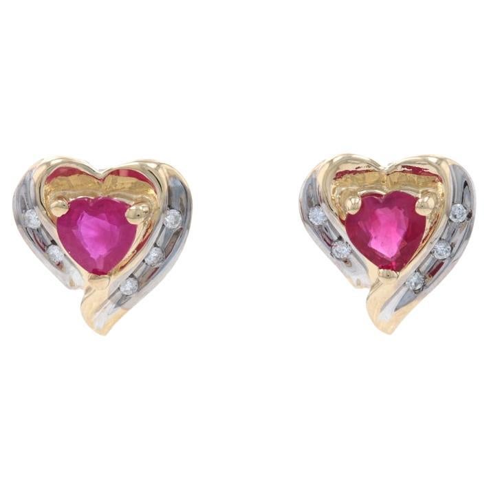 Yellow Gold Ruby & Diamond Stud Earrings - 14k Heart .75ctw Love Pierced