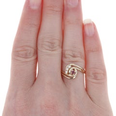 Yellow Gold Ruby & Diamond Swirl Bypass Ring, 14k Round Cut .16ctw