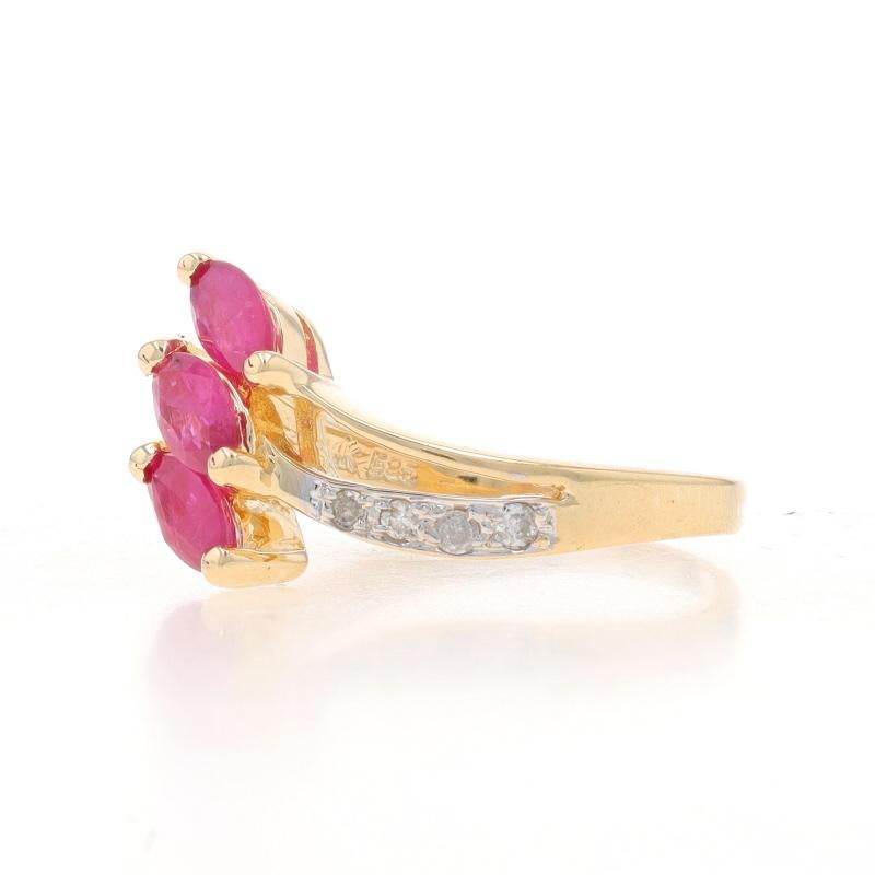 Marquise Cut Yellow Gold Ruby & Diamond Three-Stone Bypass Ring - 14k Marquise .82ctw For Sale
