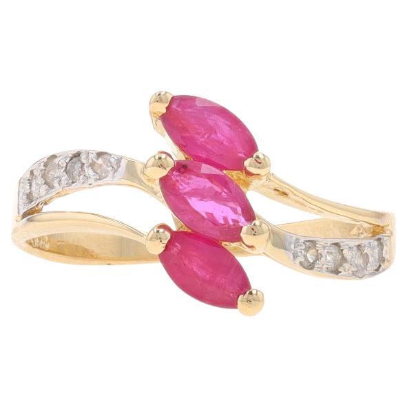 Yellow Gold Ruby & Diamond Three-Stone Bypass Ring - 14k Marquise .82ctw For Sale
