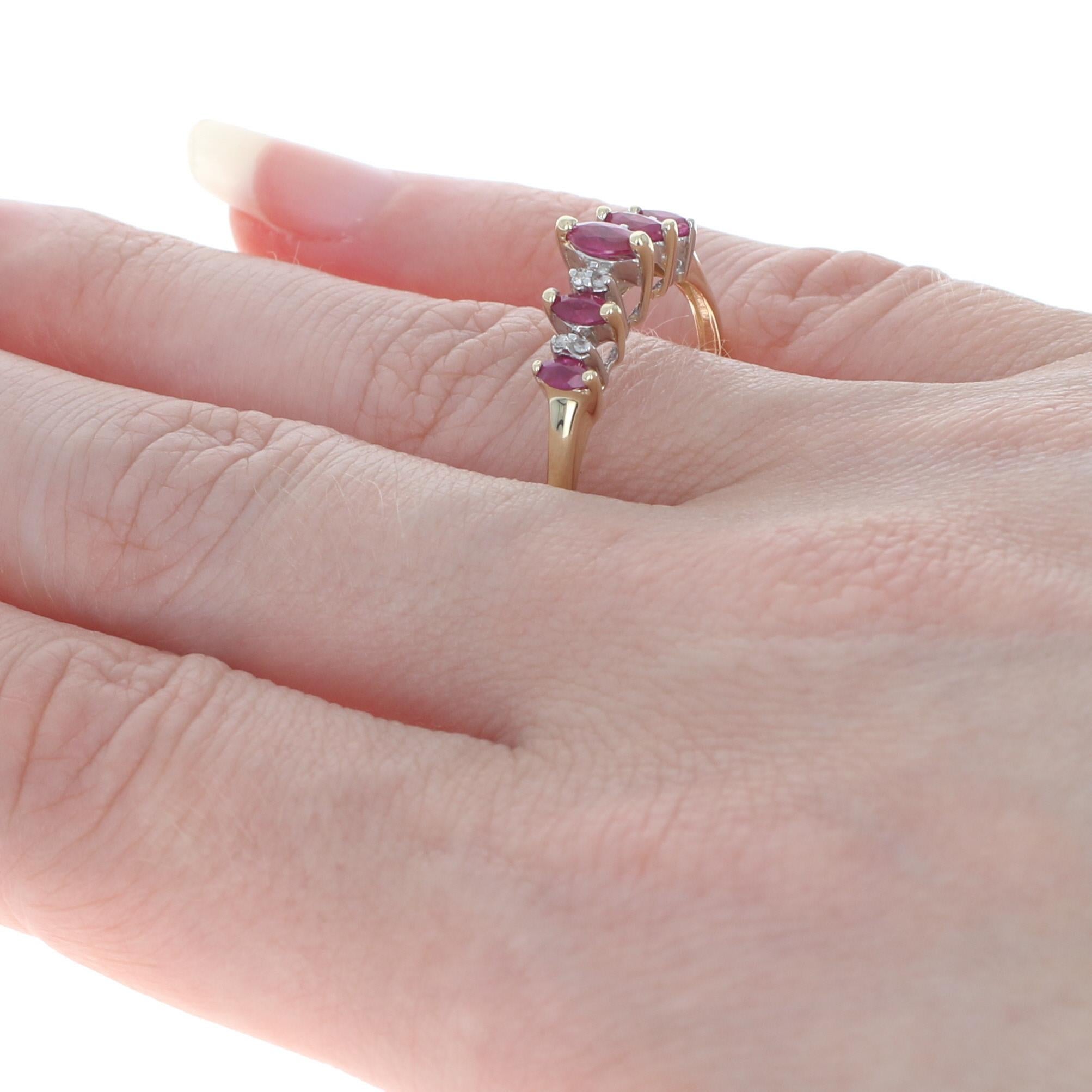 Uncut Yellow Gold Ruby & Diamond Tiered Ring - 10k Marquise Cut .68ctw