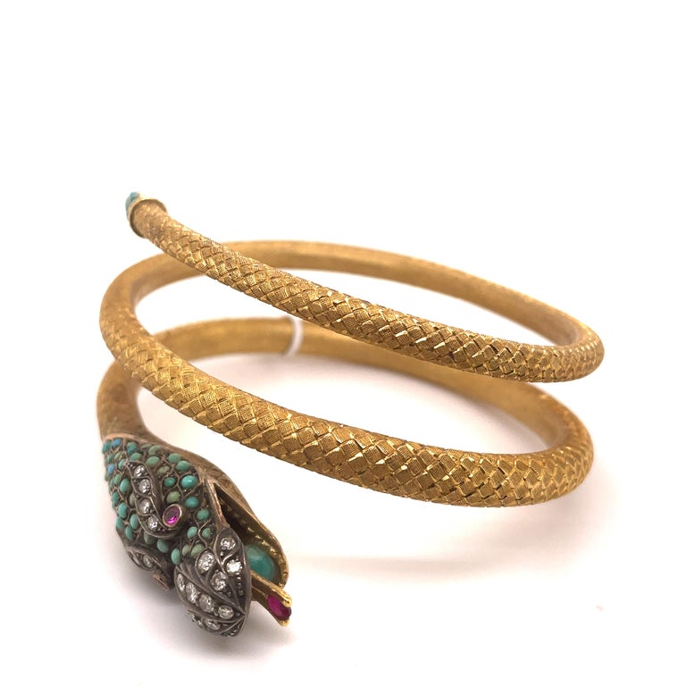 Victorian Yellow Gold, Ruby, Diamond, & Turquoise Bangle Bangle Bracelet For Sale