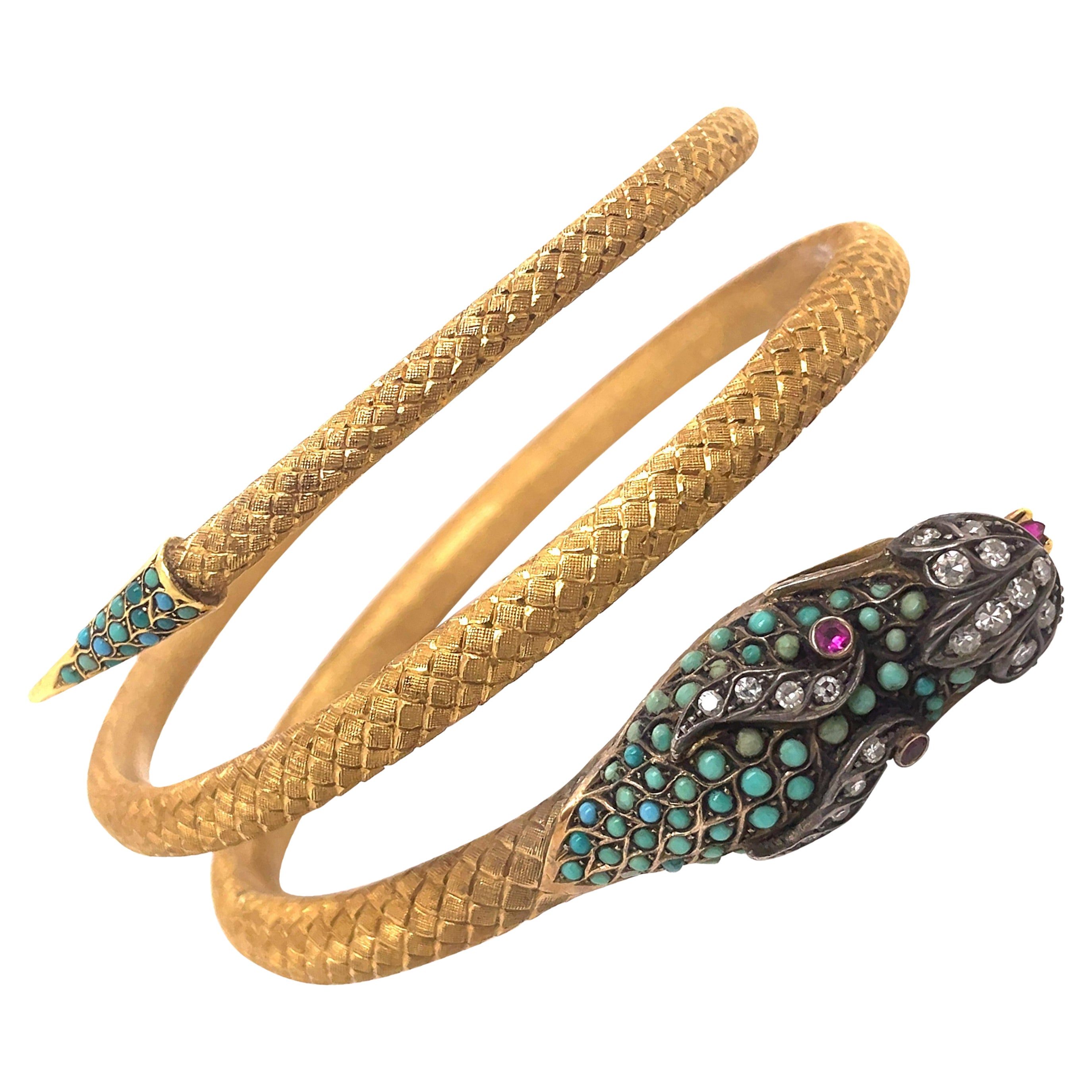 Bracelet jonc en or jaune, rubis, diamants et turquoise