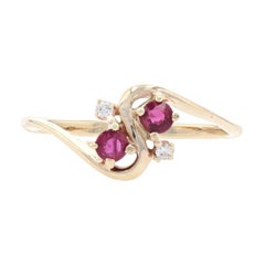 Vintage Yellow Gold Ruby & Diamond Two-Stone Bypass Ring - 10k Round Cut .32ctw