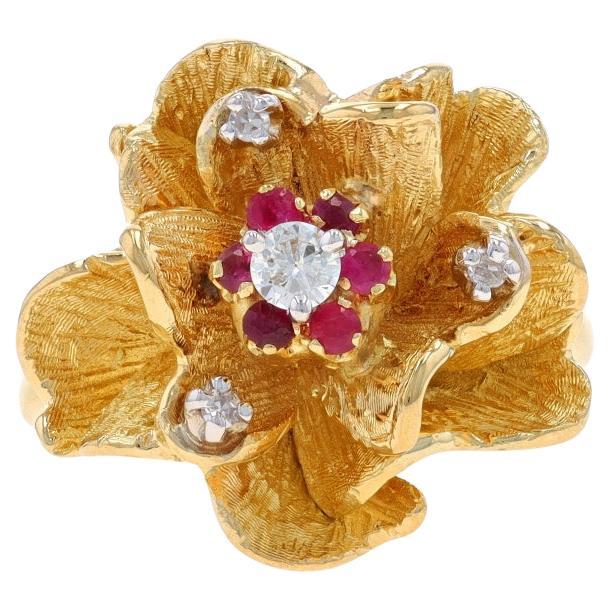 Yellow Gold Ruby Diamond Vintage Flower Cluster Halo Ring 18k Rnd .31ctw Blossom For Sale