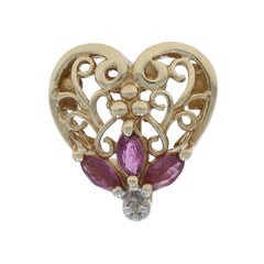 Yellow Gold Ruby Diamond Vintage Heart Slide Charm - 10k Marquise .18ctw Love