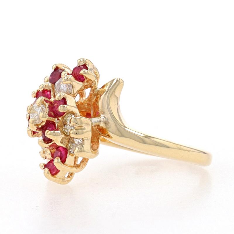 Size: 2 1/4
Sizing Fee: Up 2 sizes for $35 or Down 1 size for $30

Metal Content: 14k Yellow Gold

Stone Information

Natural Rubies
Treatment: Heating
Carat(s): .40ctw
Cut: Round
Color: Pinkish Red

Natural Diamonds
Carat(s): .24ctw
Cut: Round