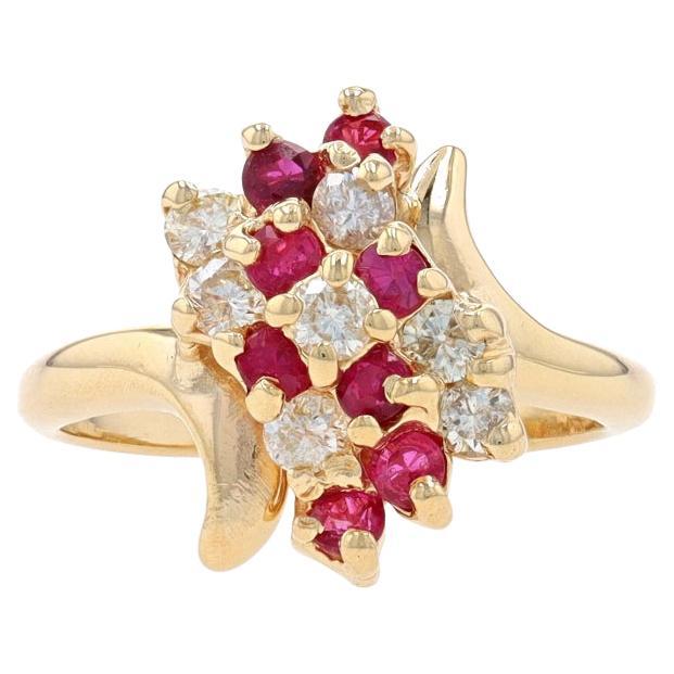 Yellow Gold Ruby & Diamond Waterfall Cluster Bypass Ring - 14k Round .64ctw For Sale