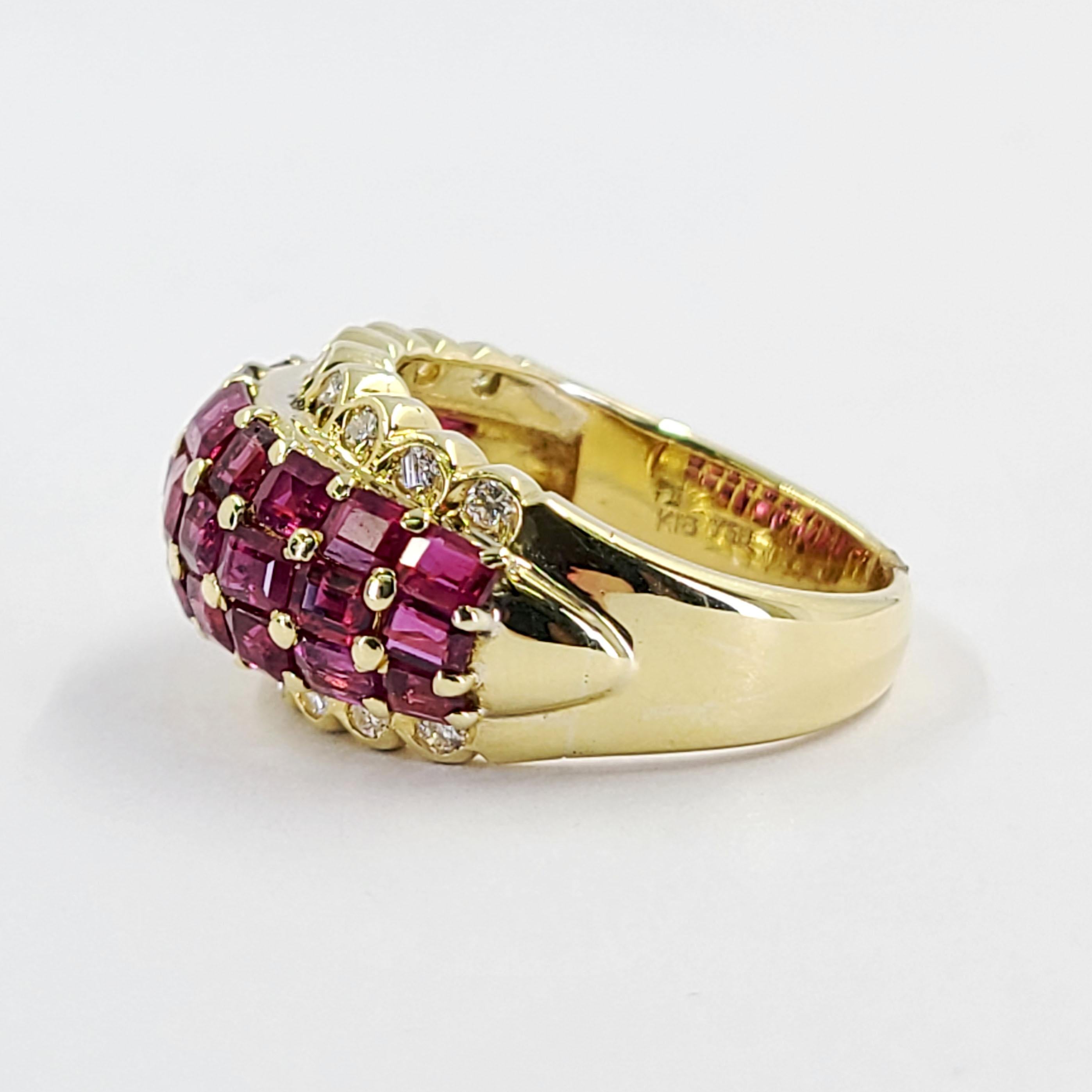 18 Karat Yellow Gold Dome Ring Featuring 6.00 Carat Total Weight Prong-Set Emerald Cut Rubies Accented By 0.36 Carat Total Weight Round Diamonds Of SI Clarity & G/H Color. Finger Size 6.25; Purchase Includes One Sizing Service Prior To Shipment.