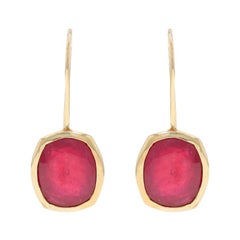 Boucles d'oreilles pendantes en or jaune et rubis - coussin de verre au plomb percé 10 carats rempli