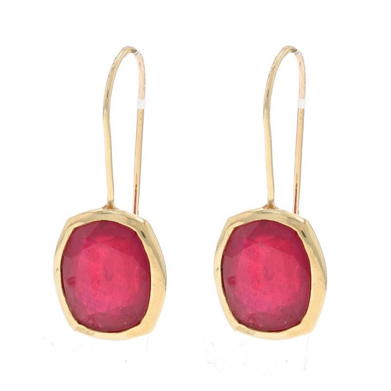 Cushion Cut Yellow Gold Ruby Drop Earrings - 10k Cushion Pierced Lead Glass Filled For Sale