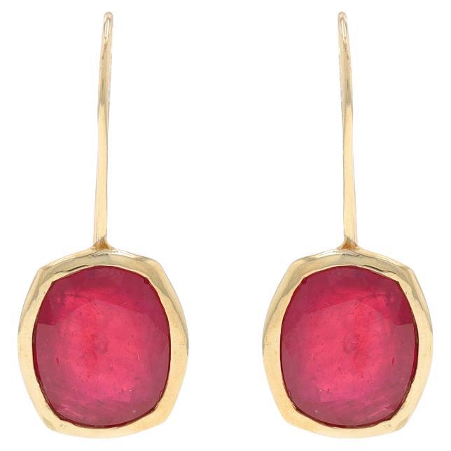 Yellow Gold Ruby Drop Earrings - 10k Cushion Pierced Lead Glass Filled