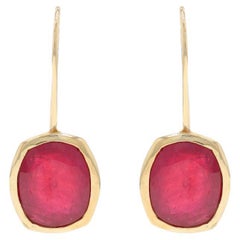 Yellow Gold Ruby Drop Earrings - 10k Cushion Pierced Lead Glass Filled