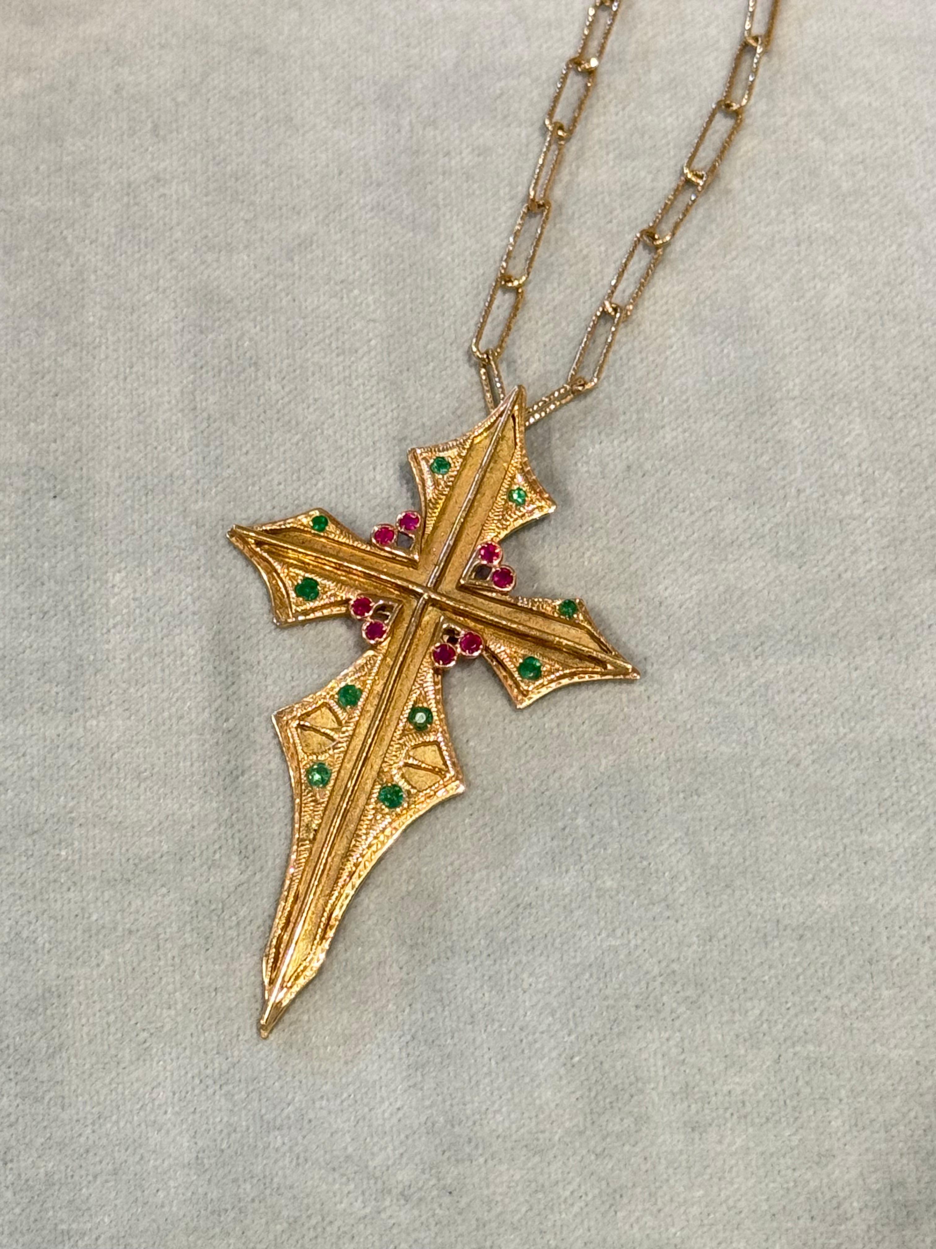 Yellow Gold Ruby & Emerald Cross Pendant For Sale 1
