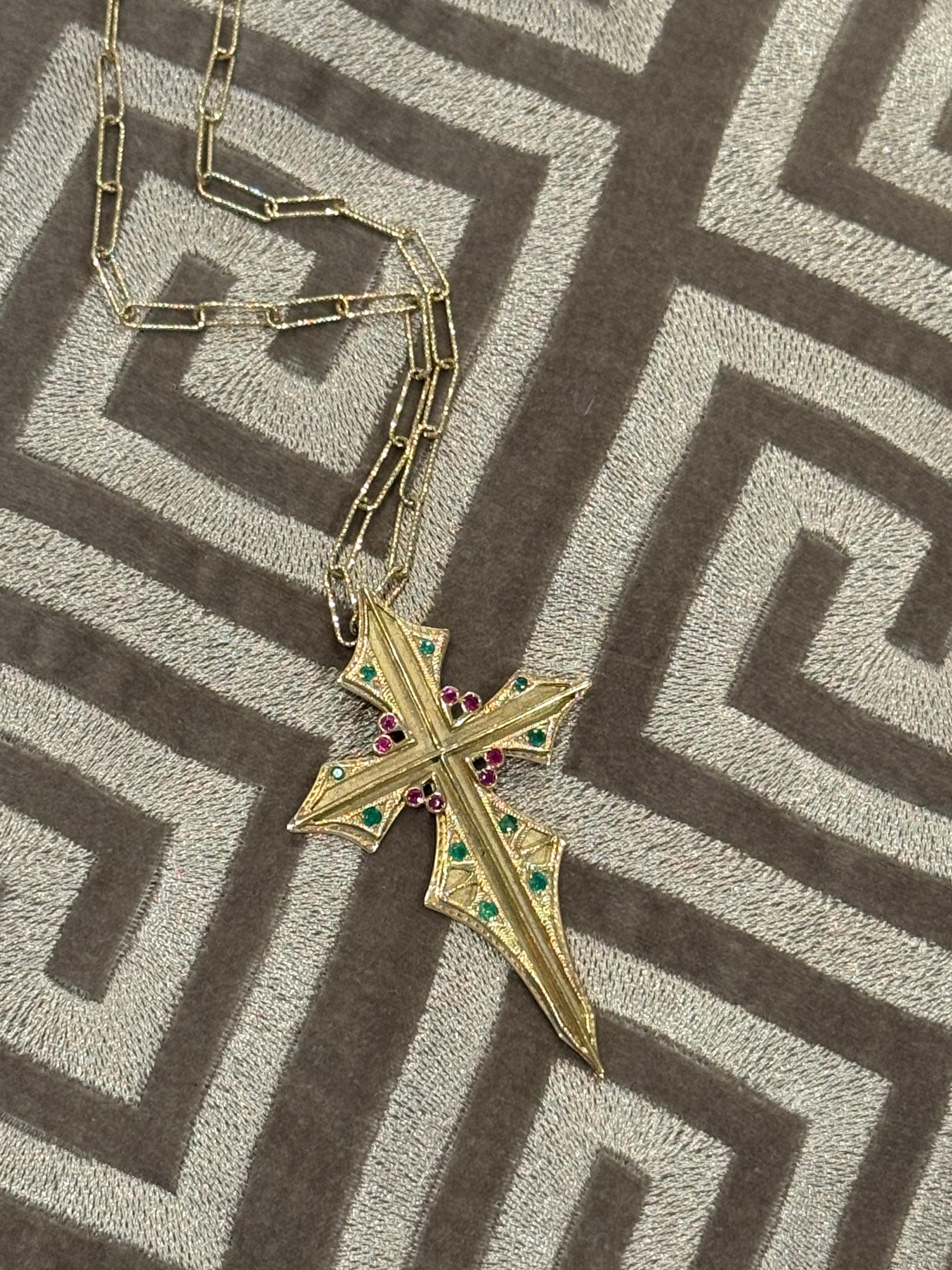 Yellow Gold Ruby & Emerald Cross Pendant For Sale 2