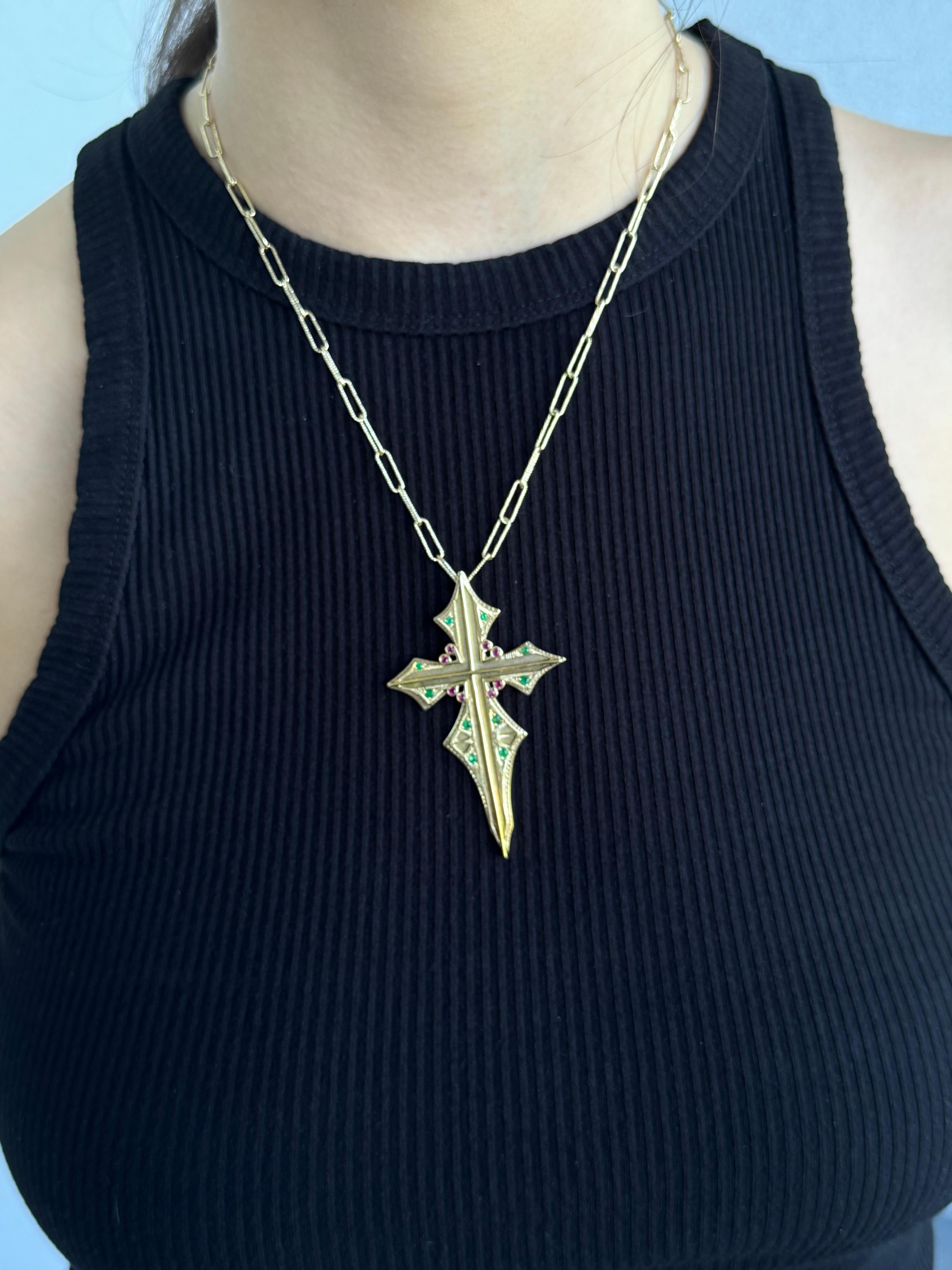 Women's or Men's Yellow Gold Ruby & Emerald Cross Pendant Necklace For Sale