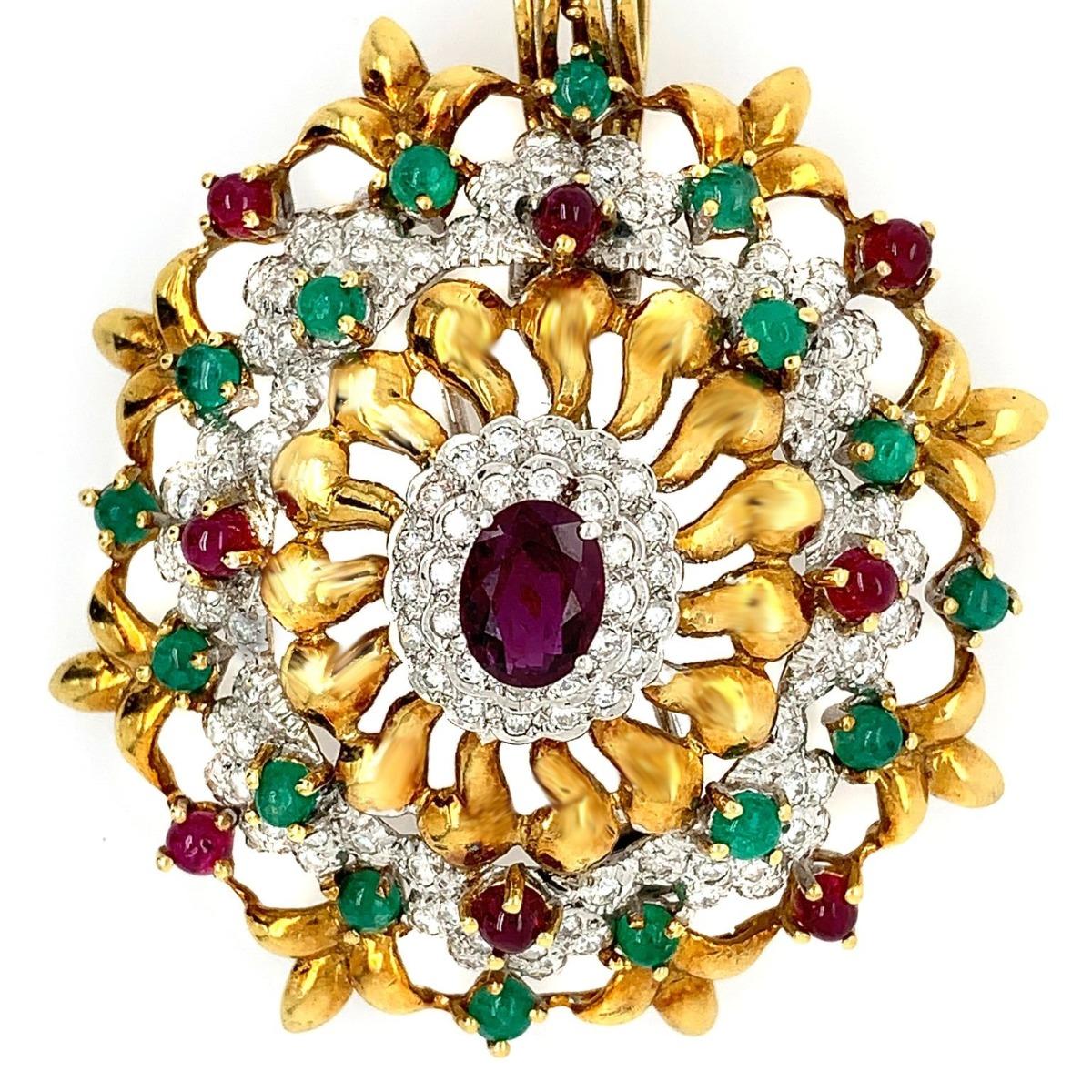 Yellow Gold Ruby Emerald Pendant Brooch In Excellent Condition For Sale In New York, NY