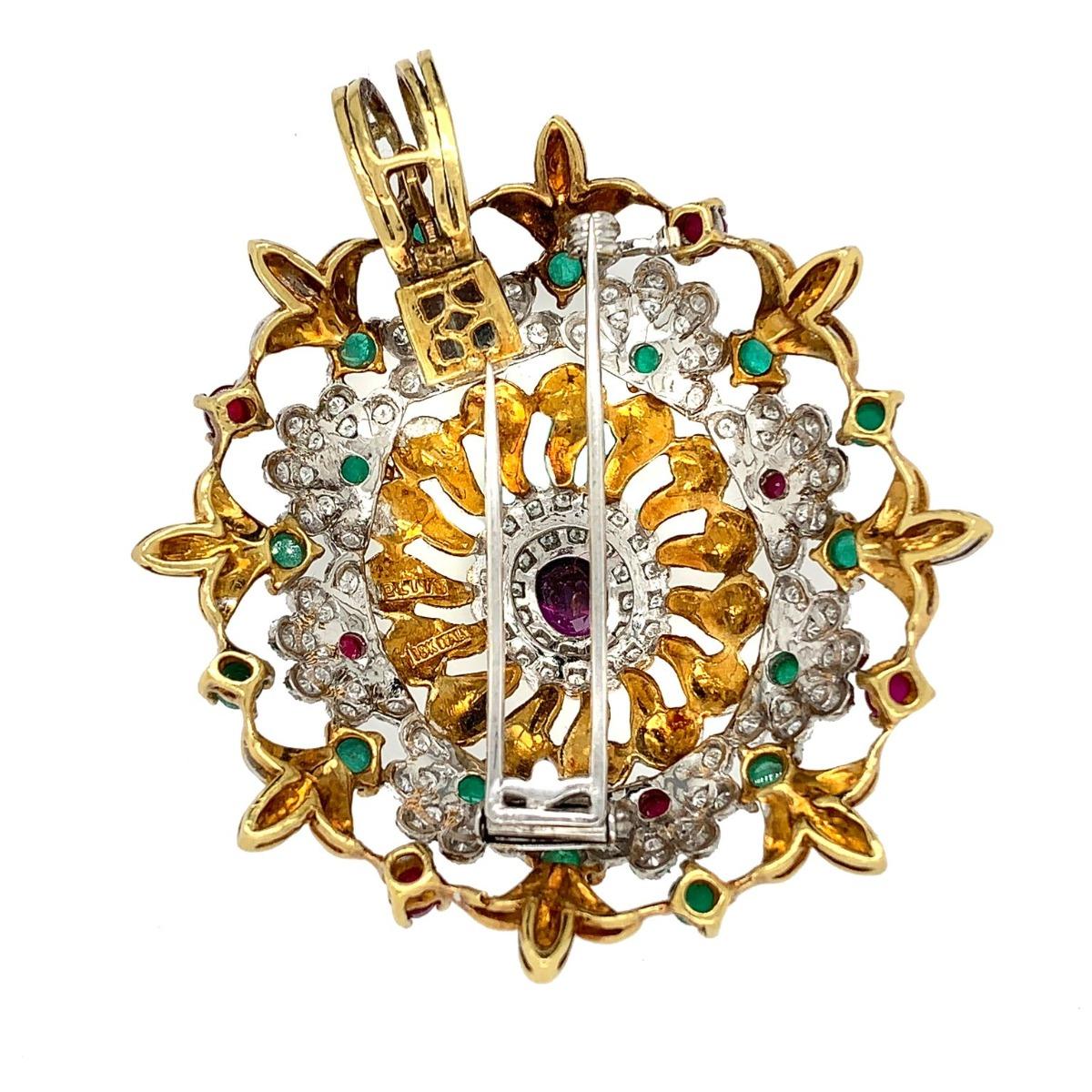 Women's Yellow Gold Ruby Emerald Pendant Brooch For Sale