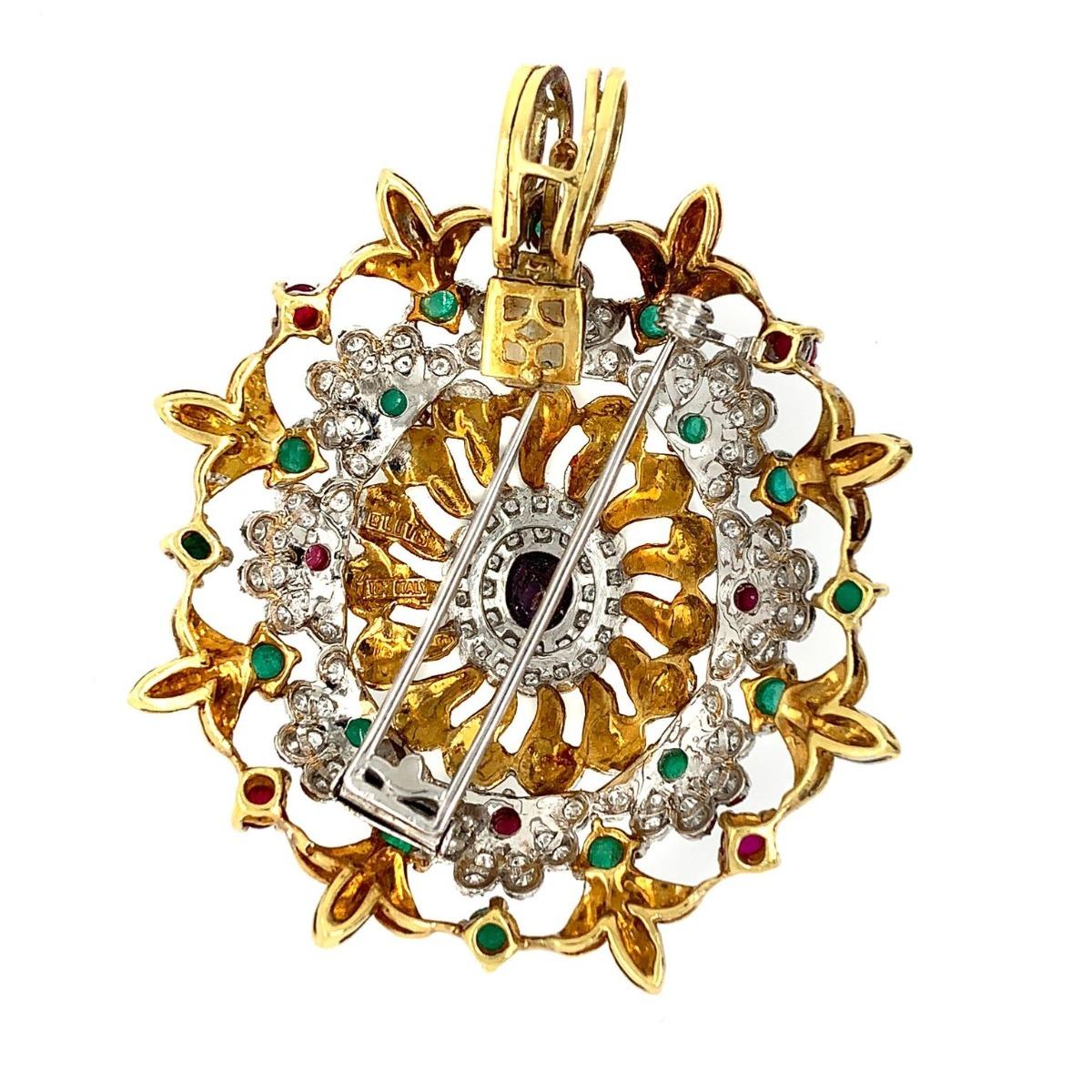 Yellow Gold Ruby Emerald Pendant Brooch For Sale 1
