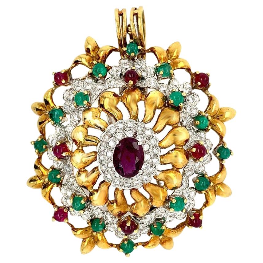 Yellow Gold Ruby Emerald Pendant Brooch For Sale