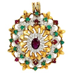 Yellow Gold Ruby Emerald Pendant Brooch