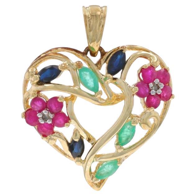 Yellow Gold Ruby Emerald Sapphire Heart Pendant - 10k Round .88ctw Love Wreath