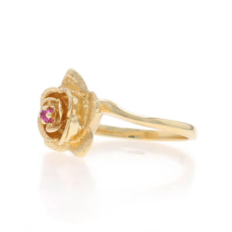 Yellow Gold Ruby Flower Solitaire Bypass Ring - 10k Round Blossom In Excellent Condition For Sale In Greensboro, NC