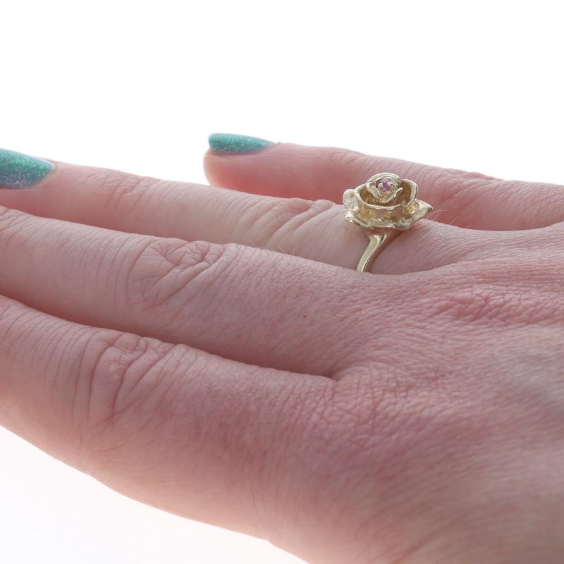 Women's Yellow Gold Ruby Flower Solitaire Bypass Ring - 10k Round Blossom For Sale
