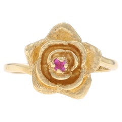 Yellow Gold Ruby Flower Solitaire Bypass Ring - 10k Round Blossom