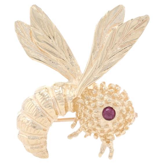 Yellow Gold Ruby Honey Bee Brooch - 14k Round Cut Insect Pin