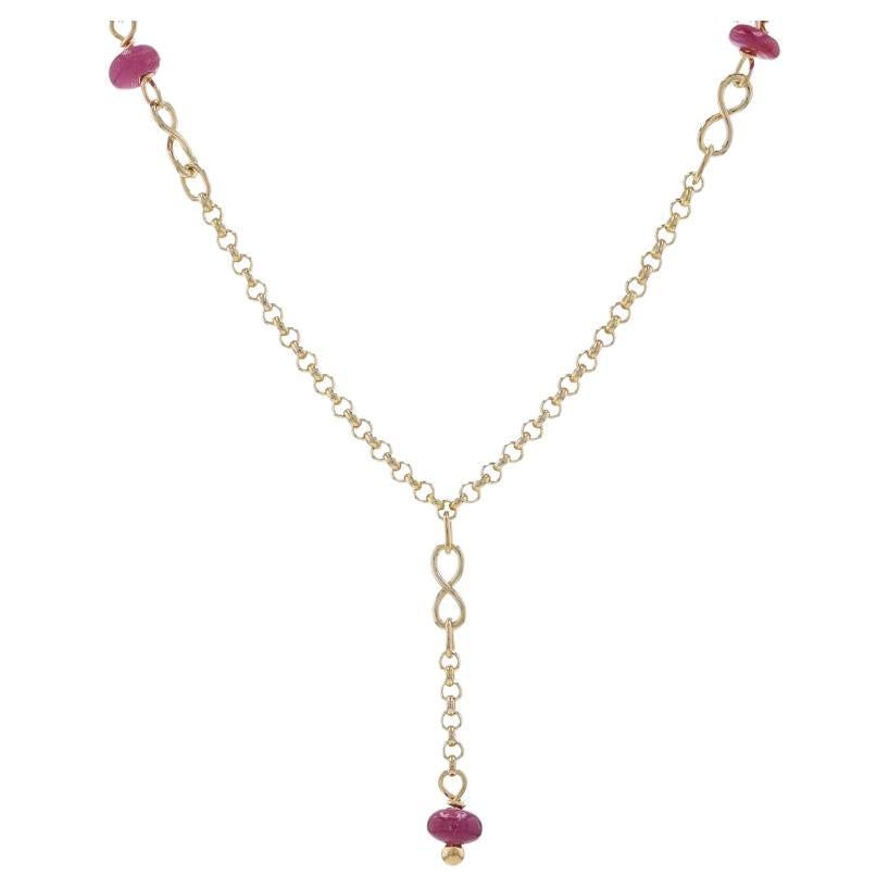 Yellow Gold Ruby Infinity Station Lariat Drop Necklace 17 1/4" 14k Rondelle Bead For Sale