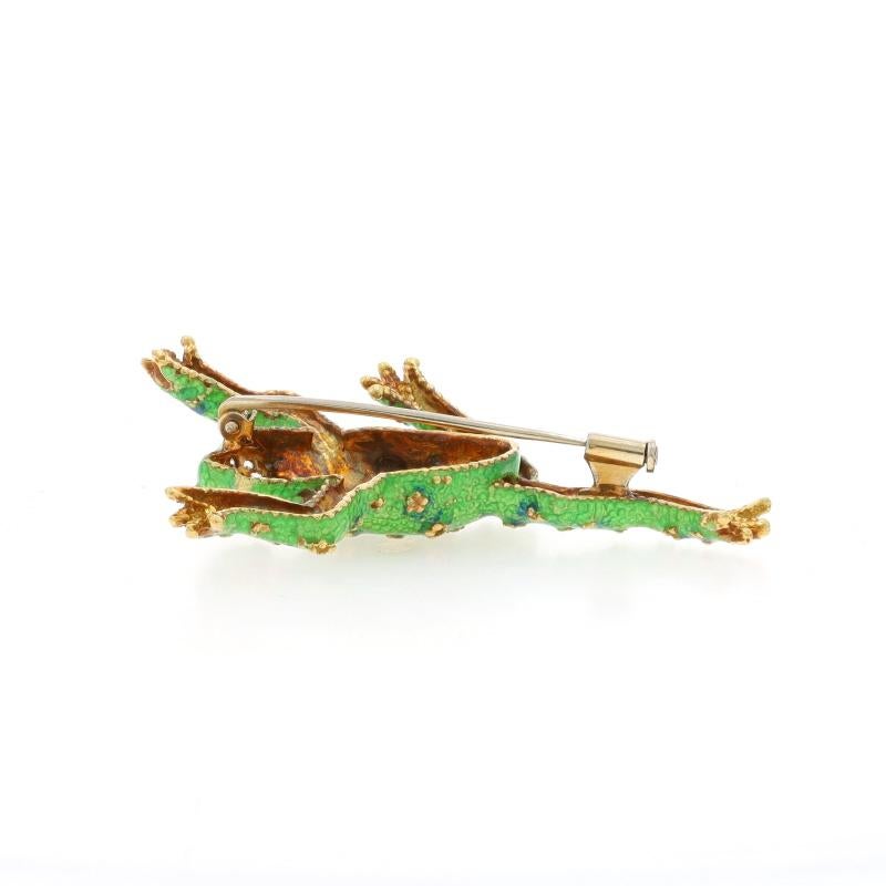 Round Cut Yellow Gold Ruby Lab-Created Spinel Jumping Frog Brooch 18k Enamel Amphibian Pin For Sale