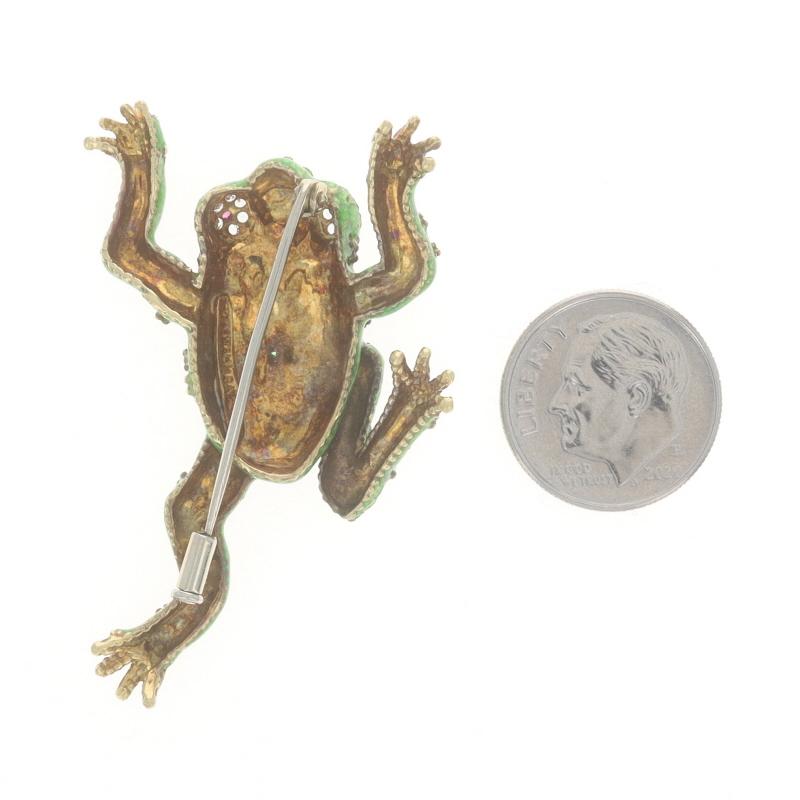 Yellow Gold Ruby Lab-Created Spinel Jumping Frog Brooch 18k Enamel Amphibian Pin In Good Condition For Sale In Greensboro, NC