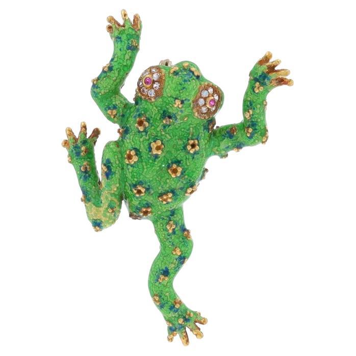 Yellow Gold Ruby Lab-Created Spinel Jumping Frog Brooch 18k Enamel Amphibian Pin For Sale