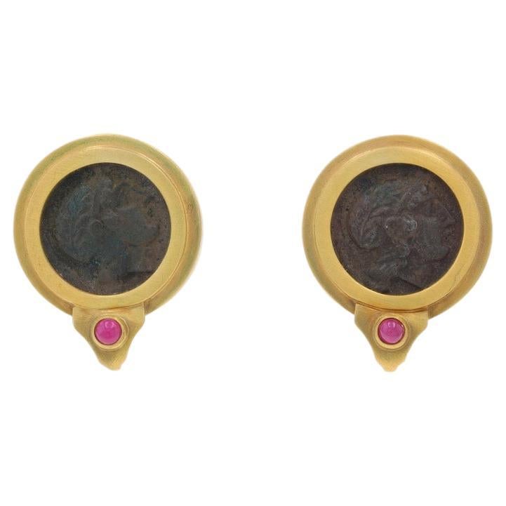 Pendientes grandes de oro amarillo con rubí - Bronce 14k Cabujón redondo perforado en venta