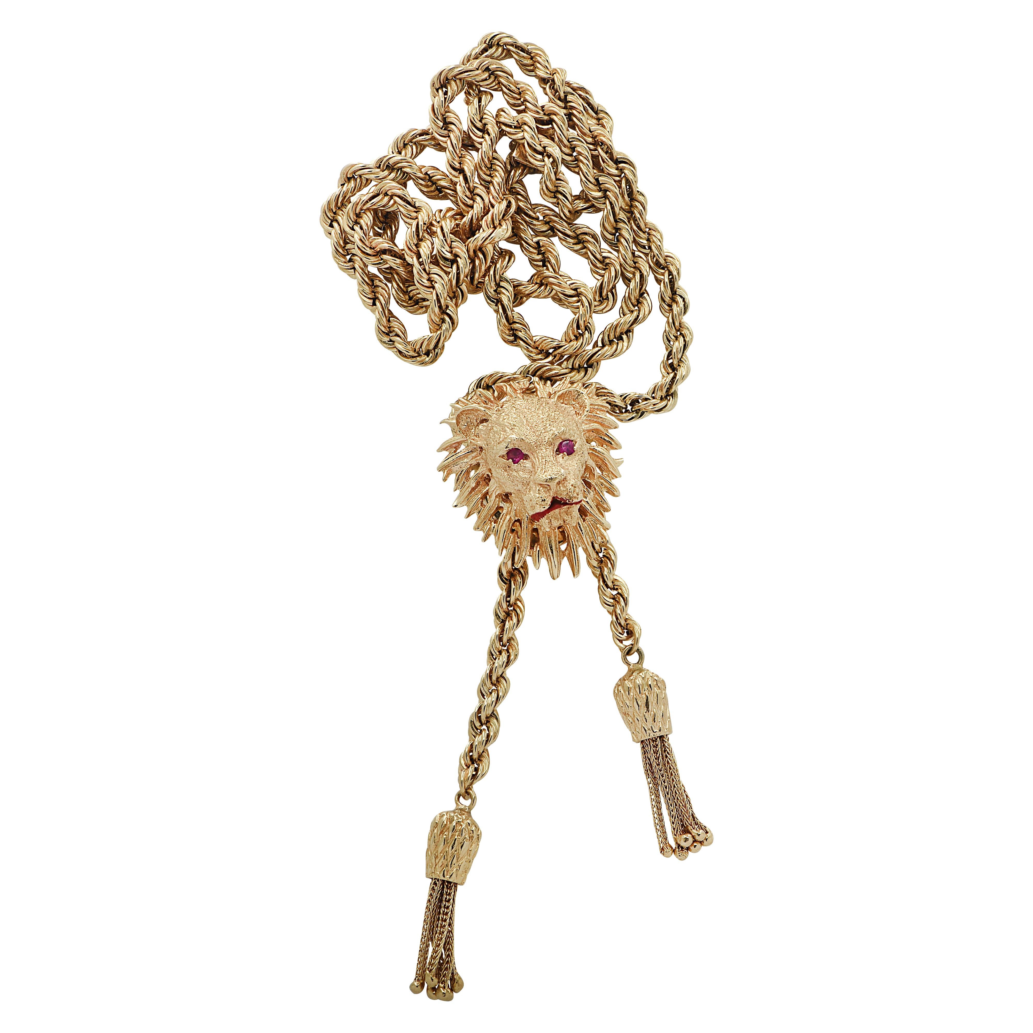 Modern Yellow Gold Ruby Lion Lariat Necklace